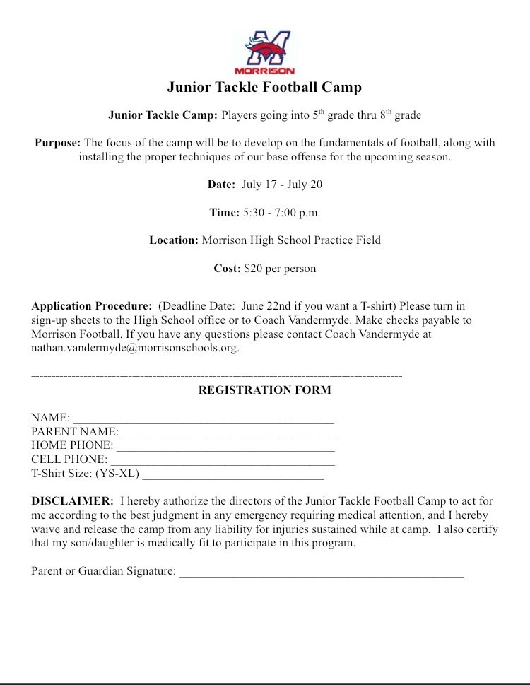 Junior Tackle Camp Form